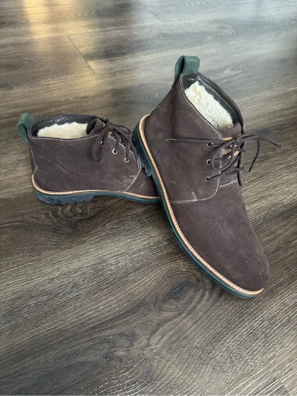 New! Martin Dingman Dark Brown Suede Chukka Boots with Shearling Collar